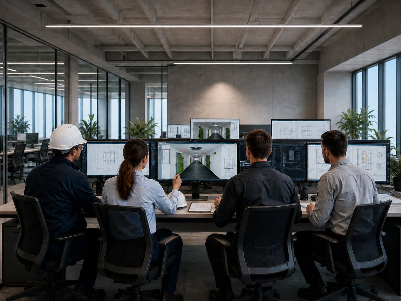 4 Personen sitzen in einem Büro vor einem Rechner